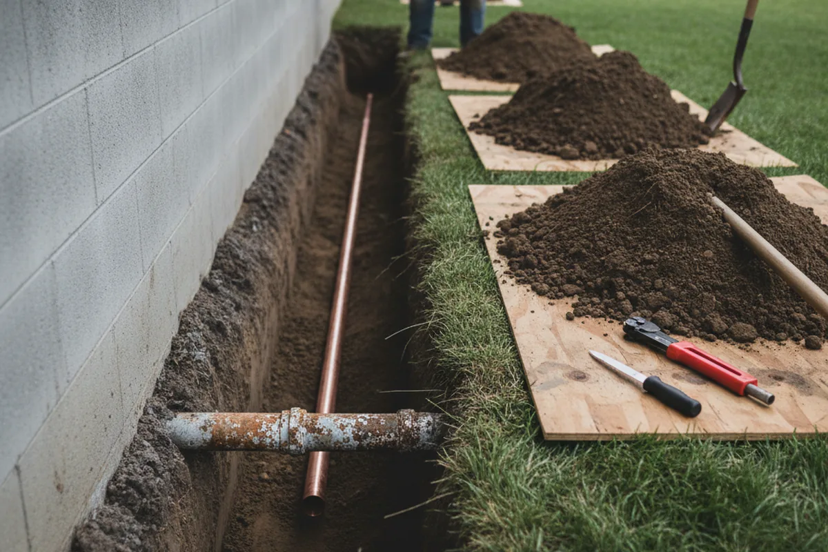 Excavated water line trench during Water Heater Repair in Cascade
